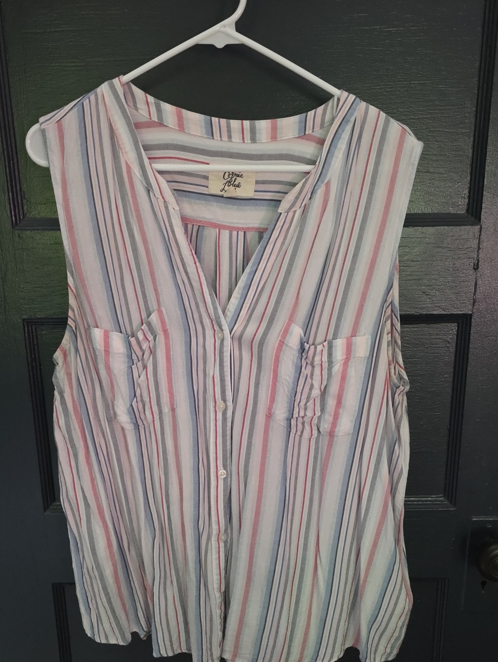 crown & ivy Sleeveless Button-Front Stripe Tank in Pastel Red, White, And Blue